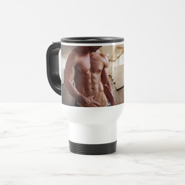 SlipperyJoe shirtless muscular man sixpack abs fit Travel Mug (Front Left)