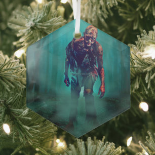 SlipperyJoe terrifying zombie figure isolated omin Glass Tree Decoration