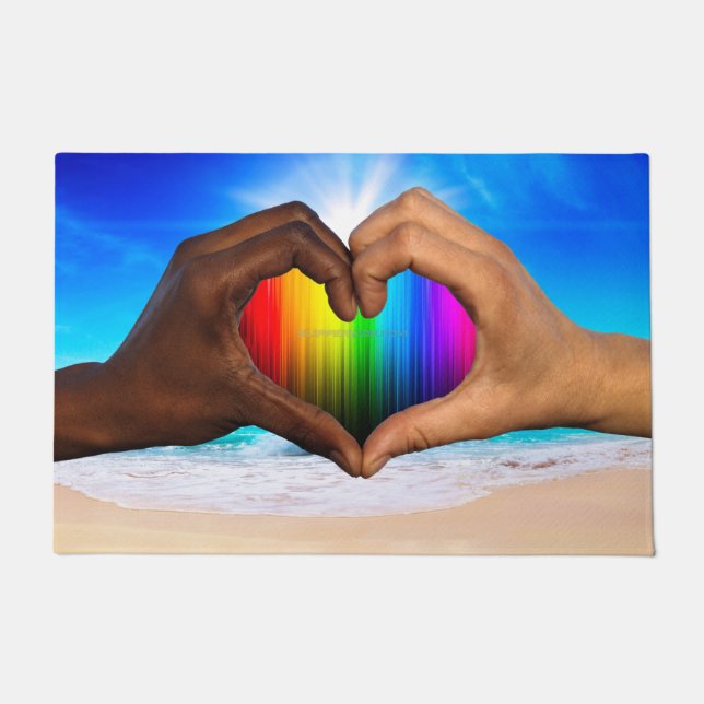 SlipperyJoe vivid rainbow gradient heart interraci Doormat (Front)