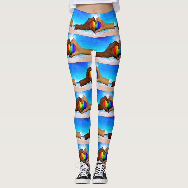 SlipperyJoe vivid rainbow gradient heart interraci Leggings (Front)