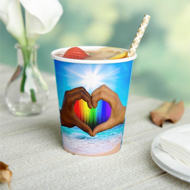 SlipperyJoe vivid rainbow gradient heart interraci Paper Cups (Insitu)