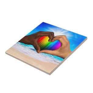 SlipperyJoe vivid rainbow gradient heart interraci Tile