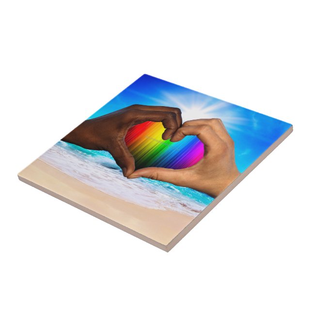 SlipperyJoe vivid rainbow gradient heart interraci Tile (Side)