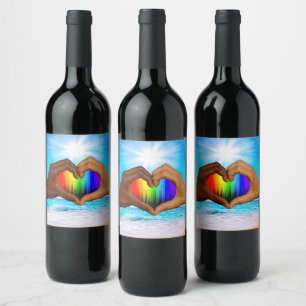 SlipperyJoe vivid rainbow gradient heart interraci Wine Label