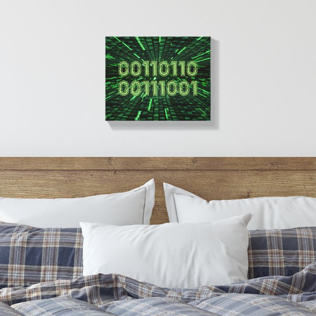 SlipperyJoe's 69 binary code vibrant green compute Canvas Print (Insitu(Bedroom))