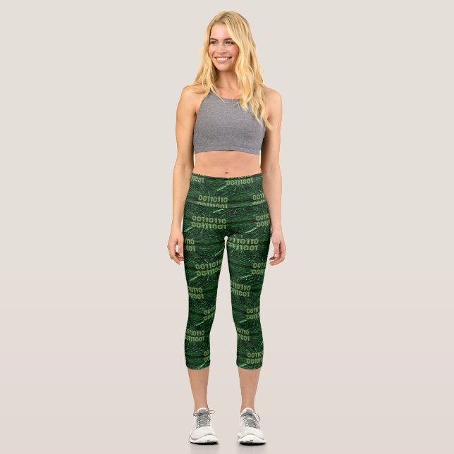 SlipperyJoe's 69 binary code vibrant green compute Capri Leggings (Front)