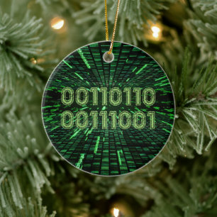 SlipperyJoe's 69 binary code vibrant green compute Ceramic Tree Decoration