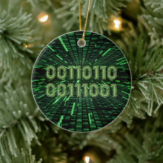 SlipperyJoe's 69 binary code vibrant green compute Ceramic Tree Decoration (Tree)