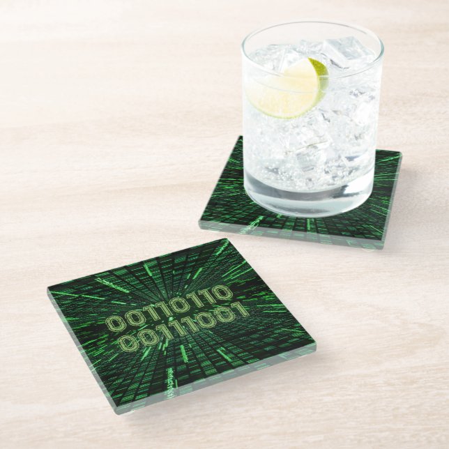 SlipperyJoe's 69 binary code vibrant green compute Glass Coaster (Angled)