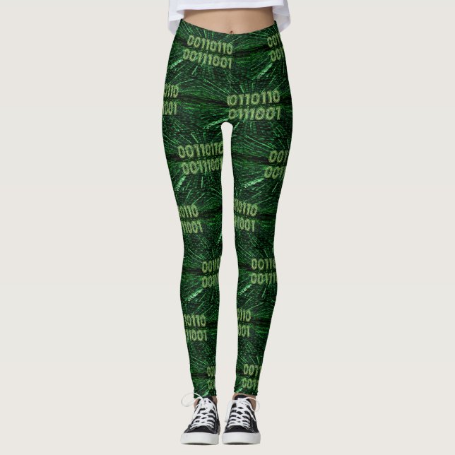 SlipperyJoe's 69 binary code vibrant green compute Leggings (Front)