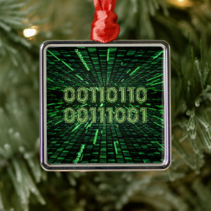 SlipperyJoe's 69 binary code vibrant green compute Metal Tree Decoration