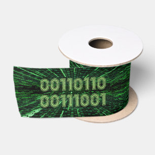 SlipperyJoe's 69 binary code vibrant green compute Satin Ribbon