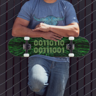 SlipperyJoe's 69 binary code vibrant green compute Skateboard