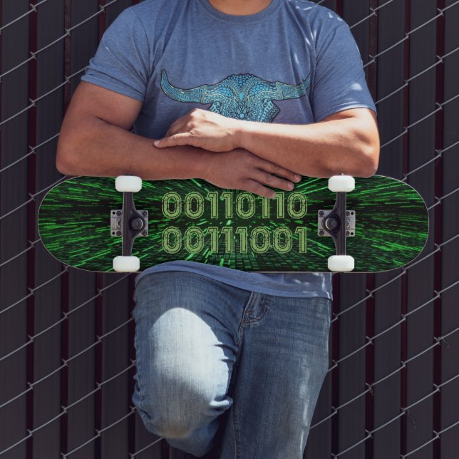 SlipperyJoe's 69 binary code vibrant green compute Skateboard (Outdoor 3)