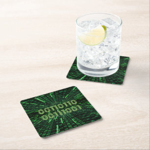 SlipperyJoe's 69 binary code vibrant green compute Square Paper Coaster