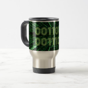 SlipperyJoe's 69 binary code vibrant green compute Travel Mug