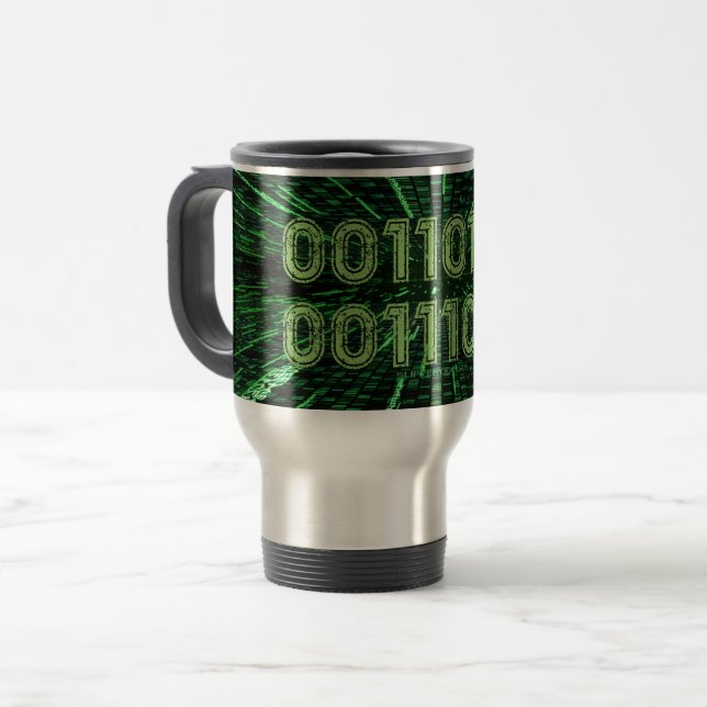 SlipperyJoe's 69 binary code vibrant green compute Travel Mug (Front Left)