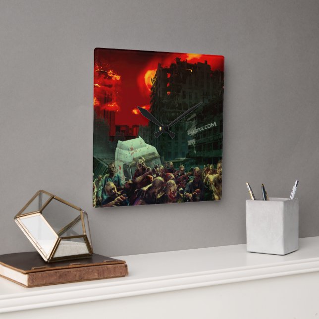 SlipperyJoe's apocalyptic Halloween scene large gr Square Wall Clock (Office)