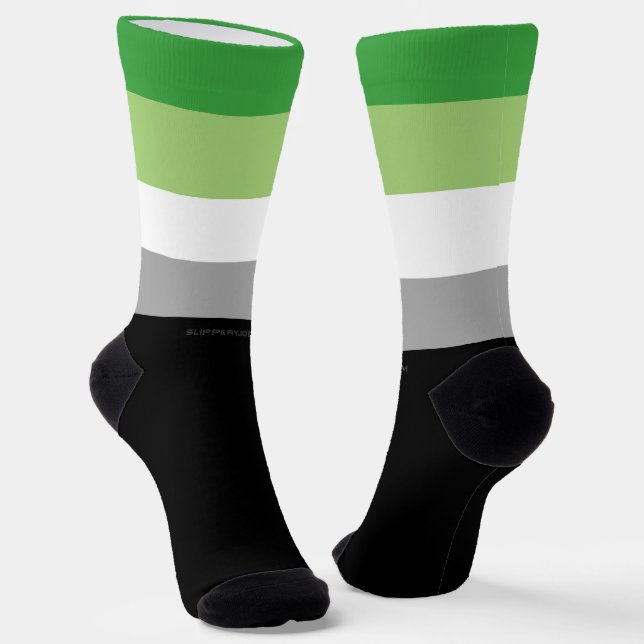 SlipperyJoe's Aromantic Pride Flag gay gifts LGBTQ Socks (Angled)