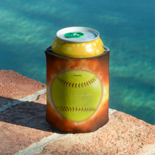 SlipperyJoe's artistic Softball on fire gay gifts Can Cooler