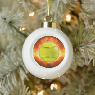 SlipperyJoe's artistic Softball on fire gay gifts Ceramic Ball Christmas Ornament