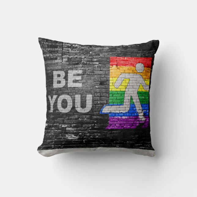 SlipperyJoe's Be You brick wall stick figure rainb Cushion (Front)
