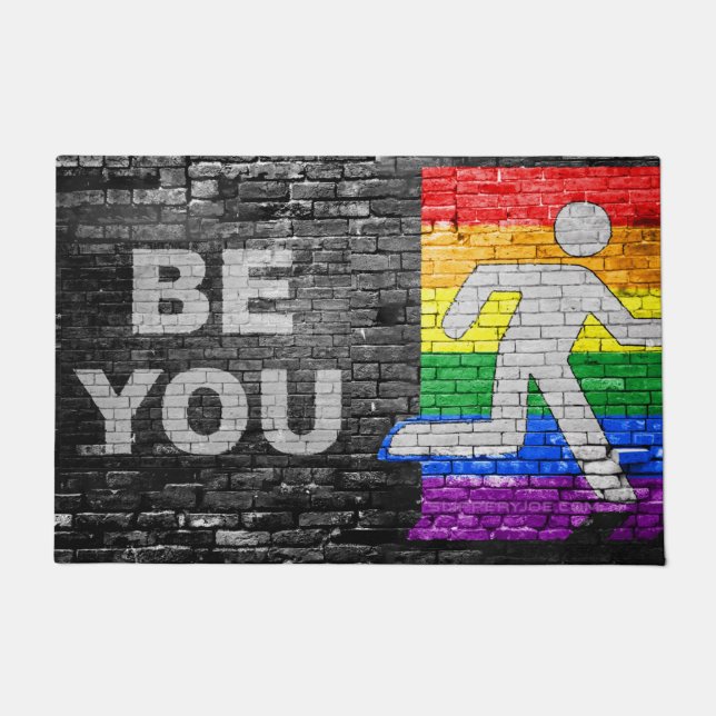 SlipperyJoe's Be You brick wall stick figure rainb Doormat (Front)