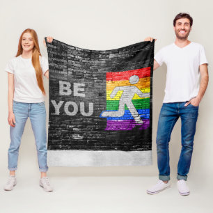 SlipperyJoe's Be You brick wall stick figure rainb Fleece Blanket