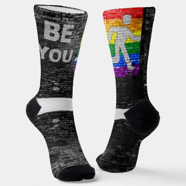 SlipperyJoe's Be You brick wall stick figure rainb Socks (Angled)