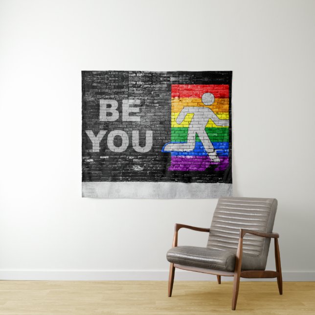 SlipperyJoe's Be You brick wall stick figure rainb Tapestry (In Situ (Horizontal))