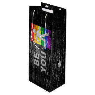 SlipperyJoe's Be You brick wall stick figure rainb Wine Gift Bag