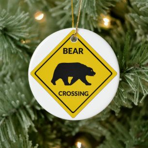 SlipperyJoe's bear crossing sign bear silhouette w Ceramic Tree Decoration