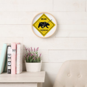 SlipperyJoe's bear crossing sign bear silhouette w Clock