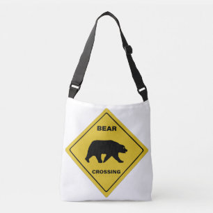 SlipperyJoe's bear crossing sign bear silhouette w Crossbody Bag