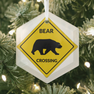 SlipperyJoe's bear crossing sign bear silhouette w Glass Tree Decoration