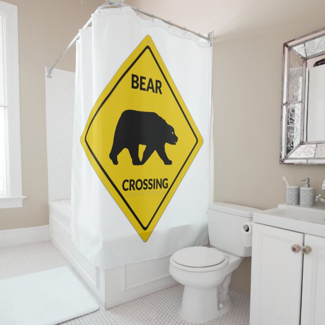 SlipperyJoe's bear crossing sign bear silhouette w Shower Curtain (In Situ)