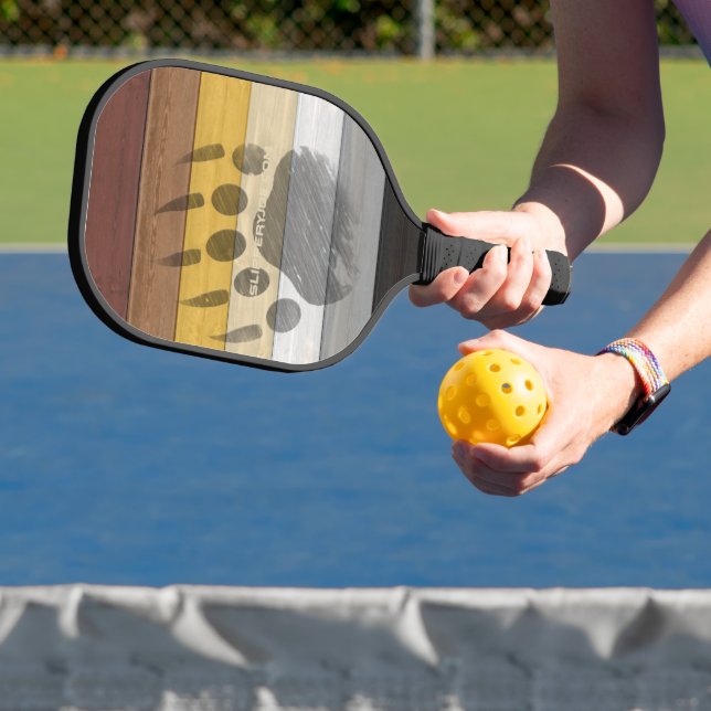SlipperyJoe's Bear Pride flag wooden floor texture Pickleball Paddle (Insitu)