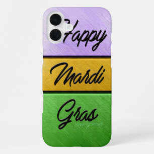 SlipperyJoe's bold Mardi Gras theme purple gold gr iPhone 16 Plus Case