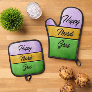 SlipperyJoe's bold Mardi Gras theme purple gold gr Oven Mitt & Pot Holder Set