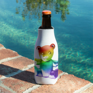SlipperyJoe's brushed metal teddy bear rainbow gra Bottle Cooler
