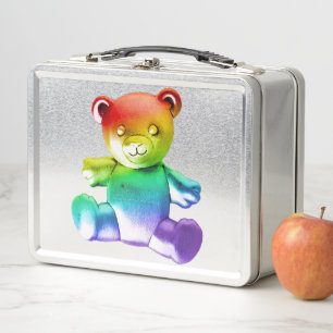 SlipperyJoe's brushed metal teddy bear rainbow gra Metal Lunch Box