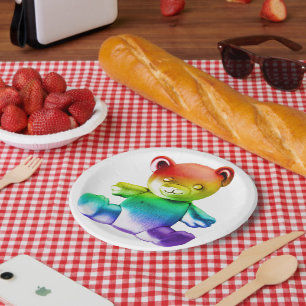 SlipperyJoe's brushed metal teddy bear rainbow gra Paper Plate