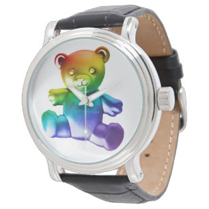 SlipperyJoe's brushed metal teddy bear rainbow gra Watch