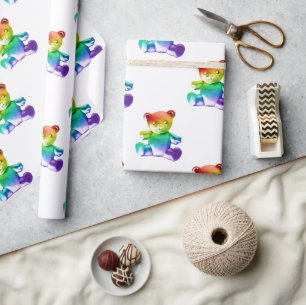 SlipperyJoe's brushed metal teddy bear rainbow gra Wrapping Paper