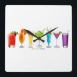 SlipperyJoe's cheers alcohol cocktails LGBTQIA gay Square Wall Clock<br><div class="desc">SlipperyJoe's cheers alcohol cocktails LGBTQIA gay pride rainbow gradient artistic vibrant neon alcoholic beverages red cocktail raspberries mint garnish orange-coloured concoction with tangerine slice glass yellow beer green margarita fruity blue Hawaiian drink pink Cosmopolitan lime wheel tall stemware purple Lavender martini</div>