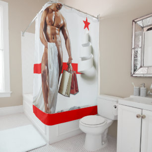 SlipperyJoe's Christmas shopping white paper spira Shower Curtain