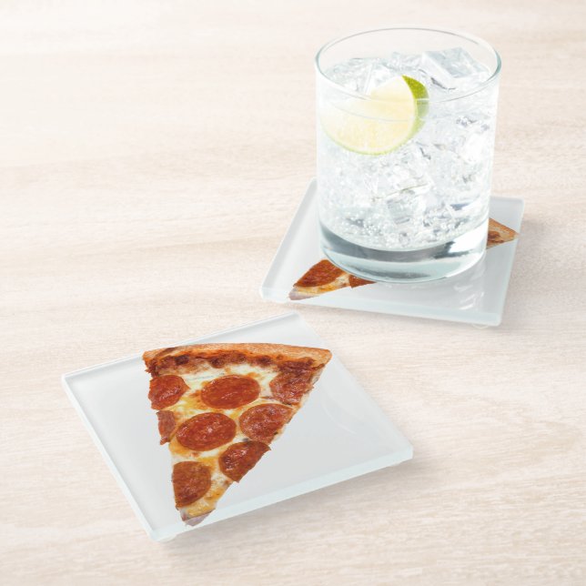 SlipperyJoe's classic pepperoni pizza slice melted Glass Coaster (Angled)