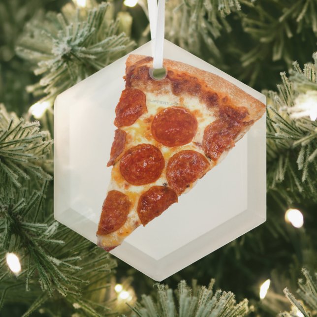 SlipperyJoe's classic pepperoni pizza slice melted Glass Tree Decoration (Insitu)