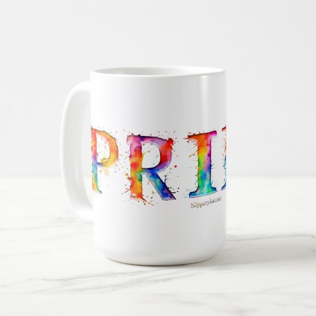 SlipperyJoe's colourful creative Pride-themed text Coffee Mug (Front Left)