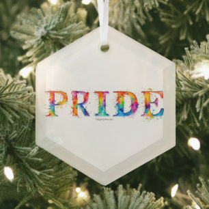 SlipperyJoe's colourful creative Pride-themed text Glass Tree Decoration